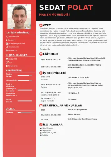 Maden Mühendisi Cv Örnekleri cv indir